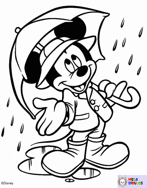 Dibujo para colorear Mickey bajo la lluvia