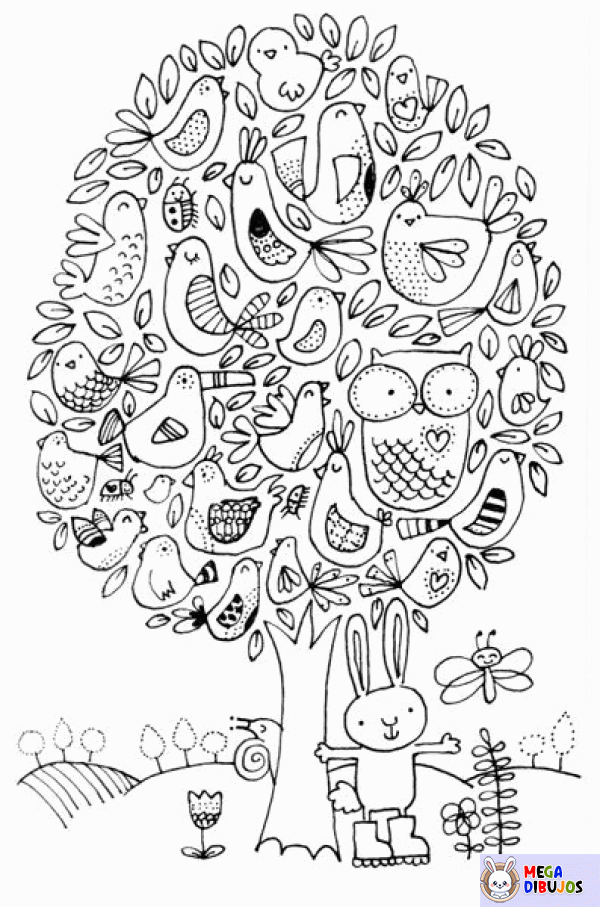 Dibujo para colorear El árbol con 1001 pájaros.