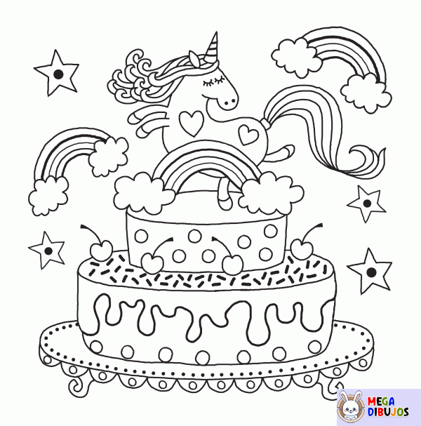 Dibujo para colorear Pastel de cumpleaños de unicornio