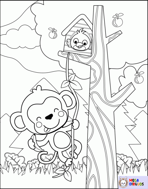 Dibujo para colorear Mono travieso y pájaro curioso