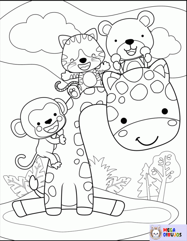 Dibujo para colorear Jirafa y sus amigos