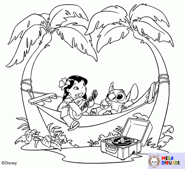 Dibujo para colorear Lilo y Stitch en la playa