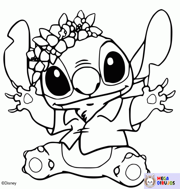 Dibujo para colorear Stitch y su corona de flores