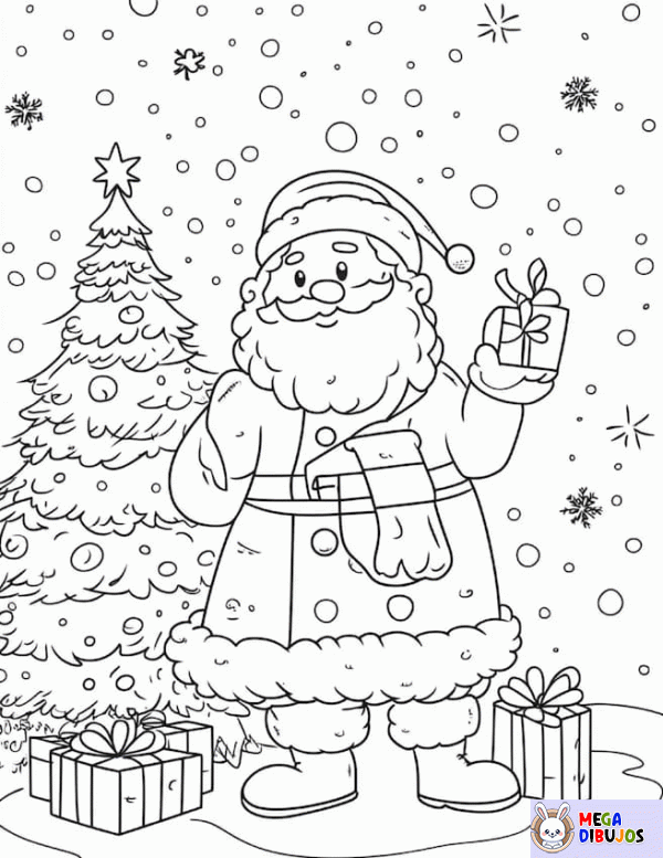Dibujo para colorear Papa Noel y los regalos