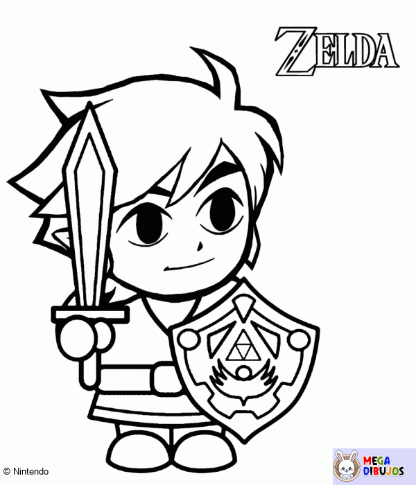 Dibujo para colorear Enlace con su espada y escudo - Zelda