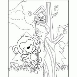 Dibujo para colorear Mono travieso y p&aacute;jaro curioso