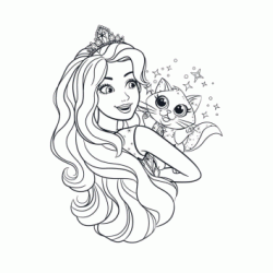 Dibujo para colorear La princesa Barbie y su gato