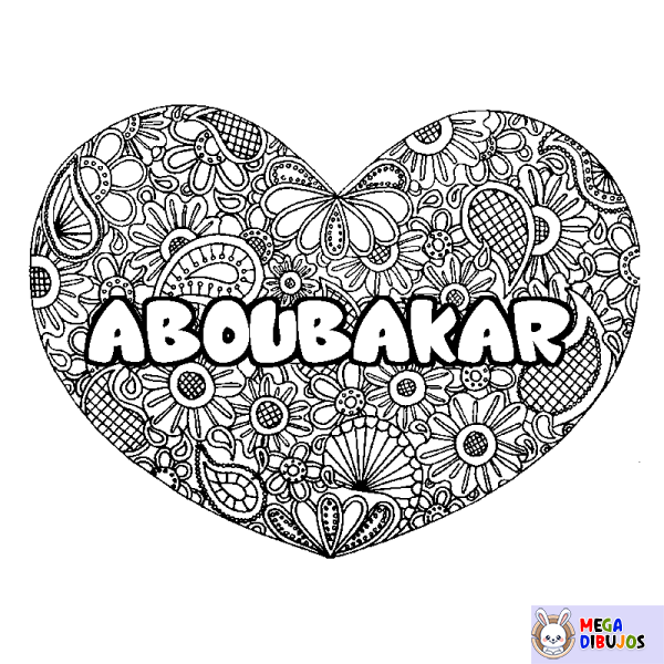 Coloración del nombre ABOUBAKAR - decorado mandala de coraz&oacute;n