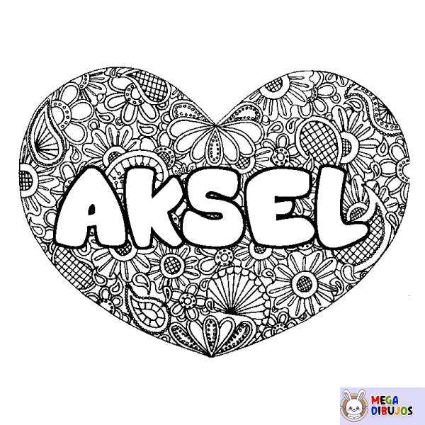 Coloración del nombre AKSEL - decorado mandala de coraz&oacute;n