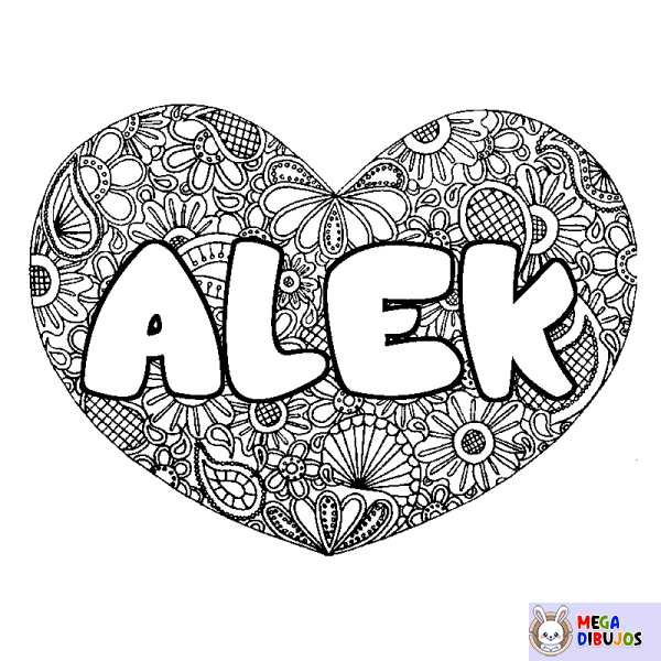 Coloración del nombre ALEK - decorado mandala de coraz&oacute;n