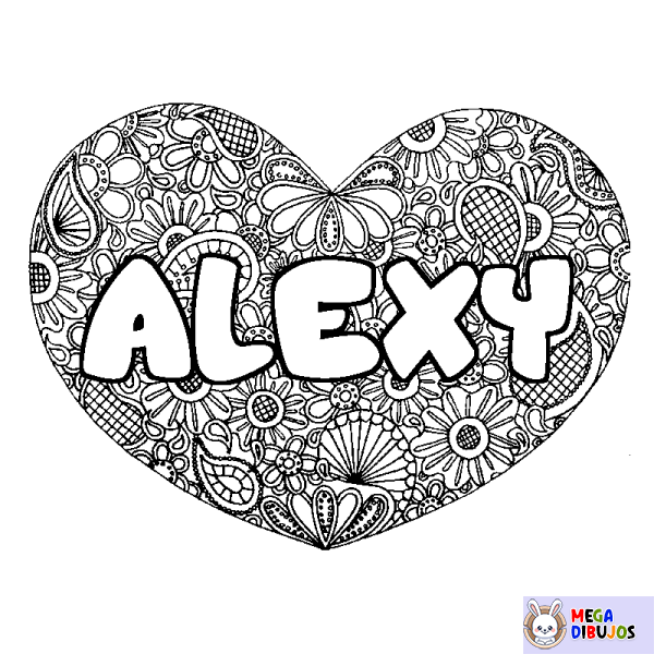 Coloración del nombre ALEXY - decorado mandala de corazón - Maxi Dibujos