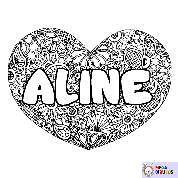 Coloración del nombre ALINE - decorado mandala de coraz&oacute;n