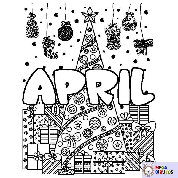 Coloración del nombre APRIL - decorado &aacute;rbol de Navidad y regalos