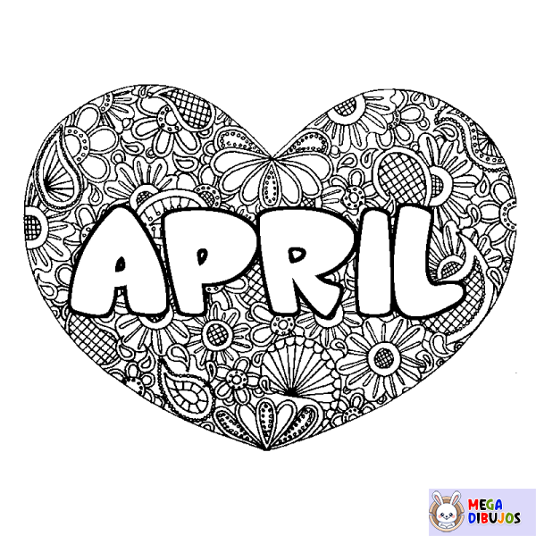 Coloración del nombre APRIL - decorado mandala de coraz&oacute;n