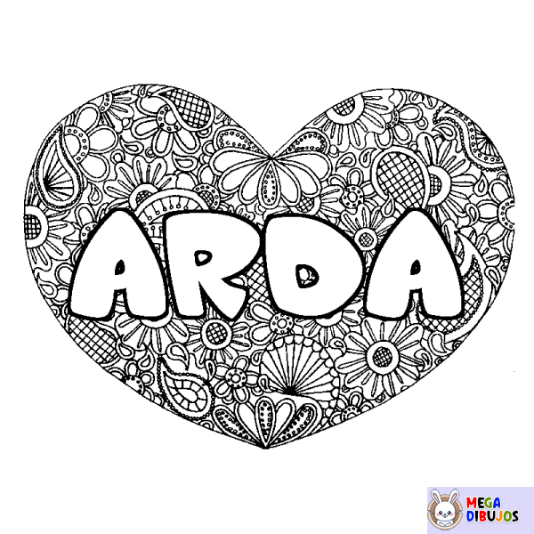 Coloración del nombre ARDA - decorado mandala de coraz&oacute;n