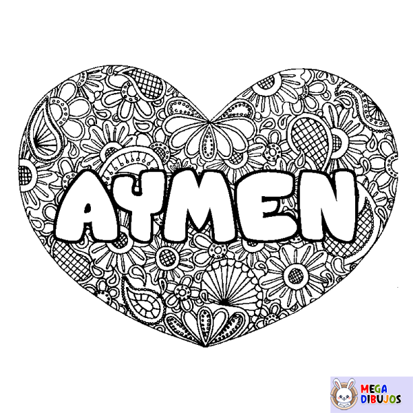 Coloración del nombre AYMEN - decorado mandala de coraz&oacute;n