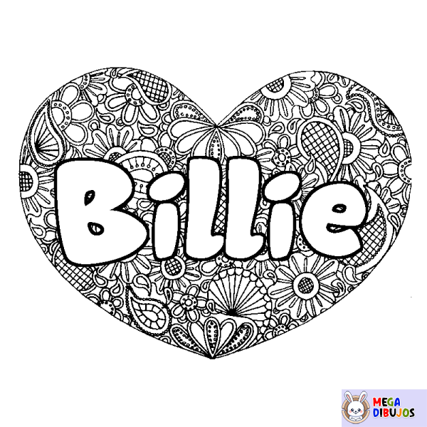Coloraci&oacute;n del nombre Billie - decorado mandala de coraz&oacute;n