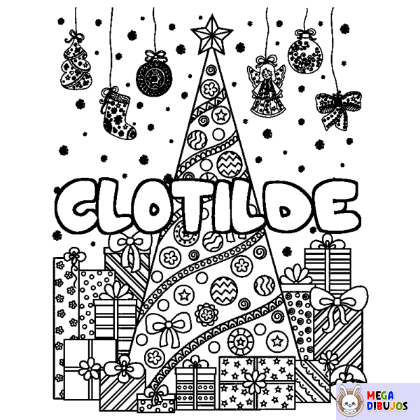 Coloraci&oacute;n del nombre CLOTILDE - decorado &aacute;rbol de Navidad y regalos