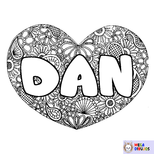 Coloración del nombre DAN - decorado mandala de coraz&oacute;n