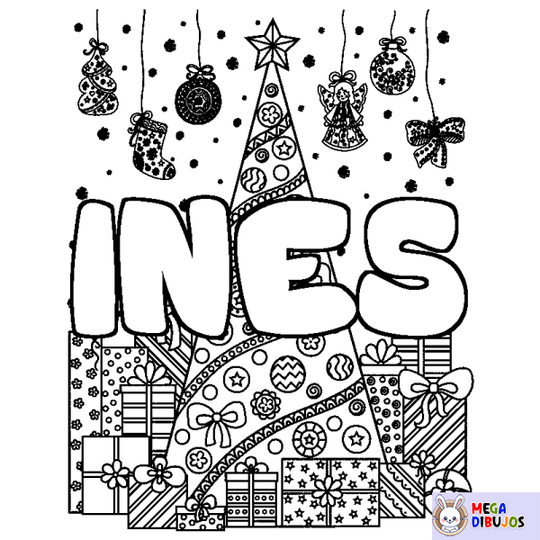 Coloración del nombre INES - decorado &aacute;rbol de Navidad y regalos