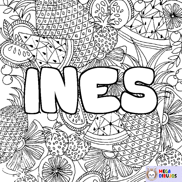 Coloración del nombre INES - decorado mandala de frutas