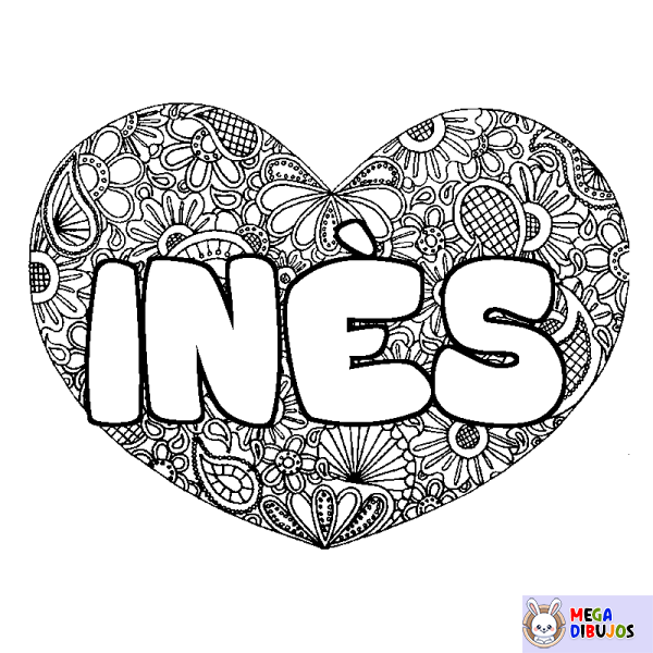 Coloración del nombre IN&Egrave;S - decorado mandala de coraz&oacute;n