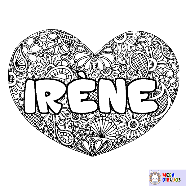 Coloración del nombre IR&Egrave;NE - decorado mandala de coraz&oacute;n