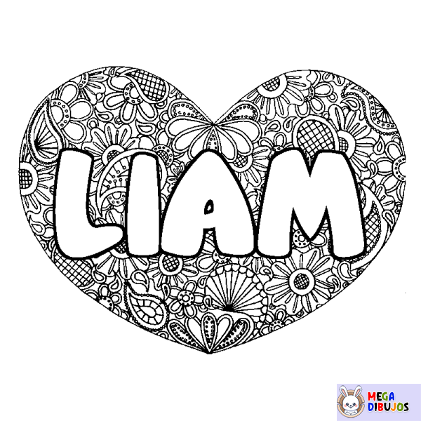 Coloración del nombre LIAM - decorado mandala de coraz&oacute;n