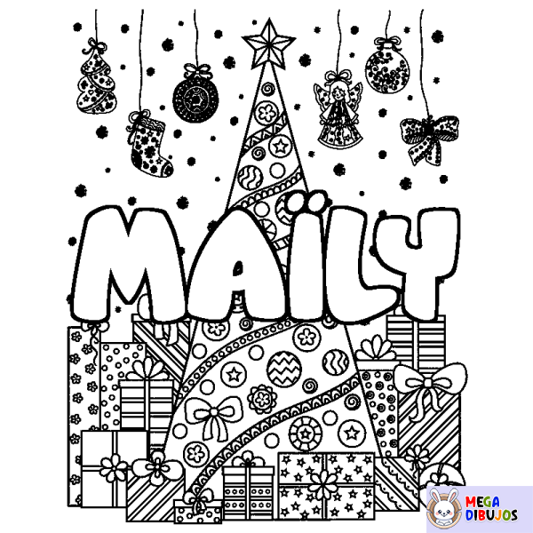 Coloración del nombre MA&Iuml;LY - decorado &aacute;rbol de Navidad y regalos