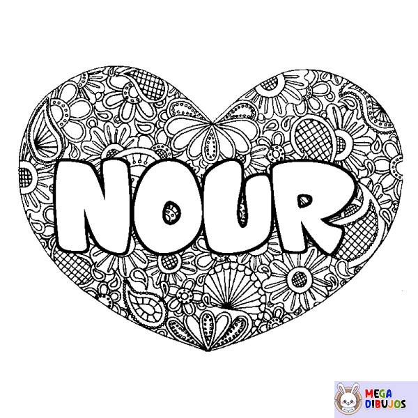 Coloración del nombre NOUR - decorado mandala de coraz&oacute;n