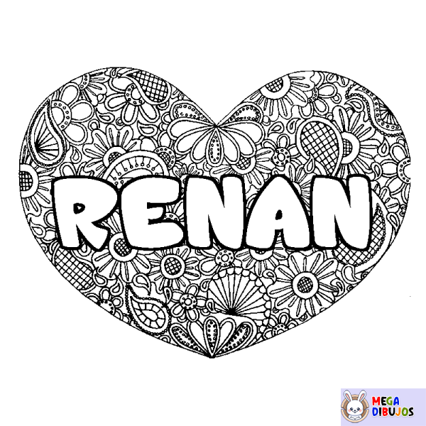 Coloraci&oacute;n del nombre RENAN - decorado mandala de coraz&oacute;n