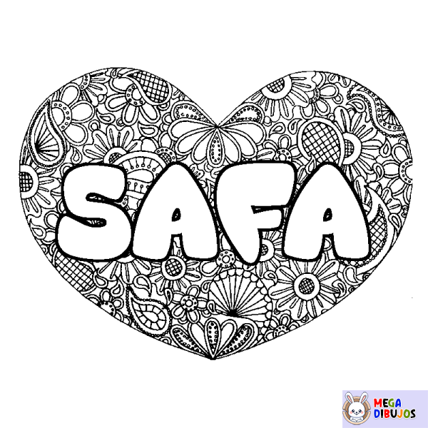 Coloración del nombre SAFA - decorado mandala de coraz&oacute;n