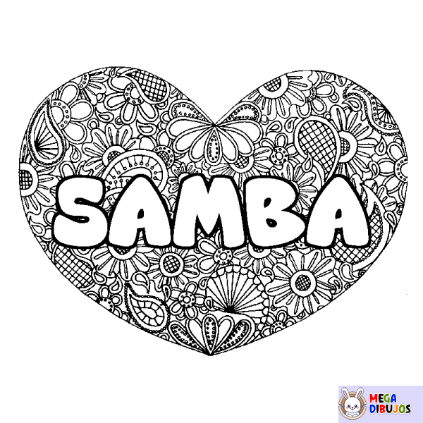 Coloración del nombre SAMBA - decorado mandala de coraz&oacute;n