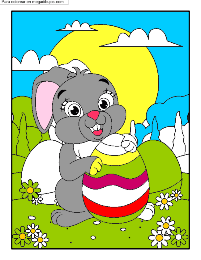 Dibujo para colorear Conejito de pascua con su huevo por un invité