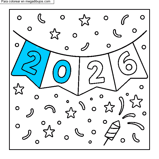 Dibujo para colorear Feliz a&ntilde;o nuevo 2026 por un invit&eacute;