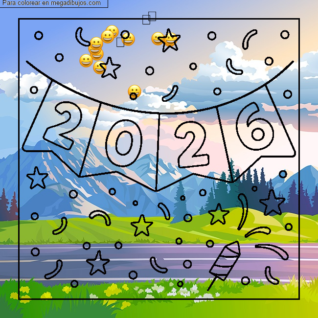 Dibujo para colorear Feliz a&ntilde;o nuevo 2026 por un invit&eacute;